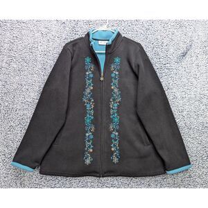 D&Co Snowflake Fleece Zip Up Jacket Size LG Embroidered Granny Cottage Black